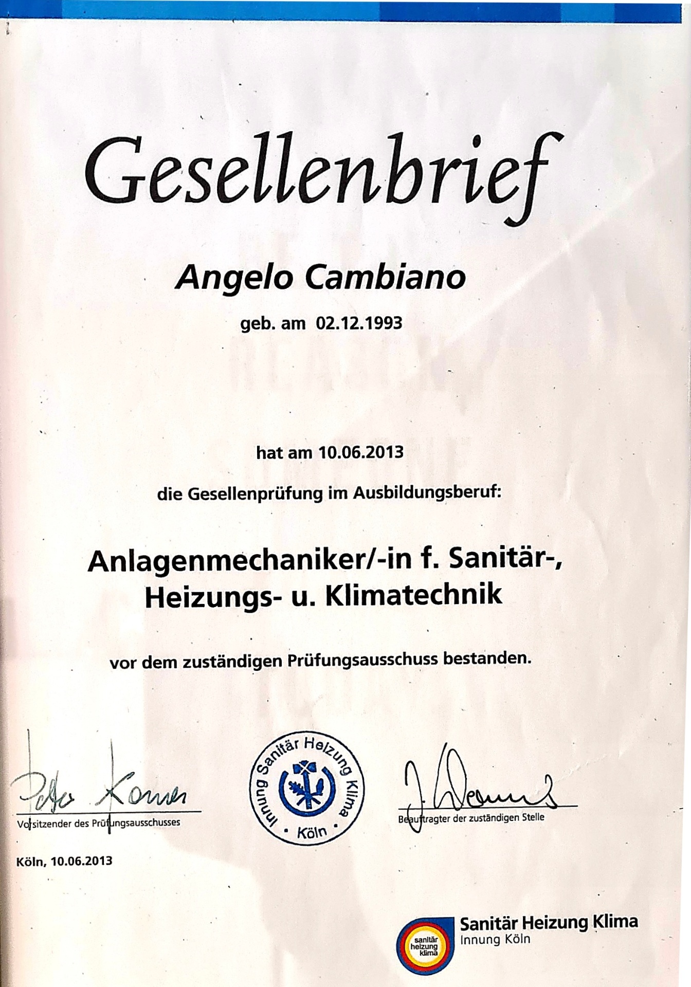 Gesellenbrief – Anlagenmechaniker für Sanitär-, Heizungs- und Klimatechnik