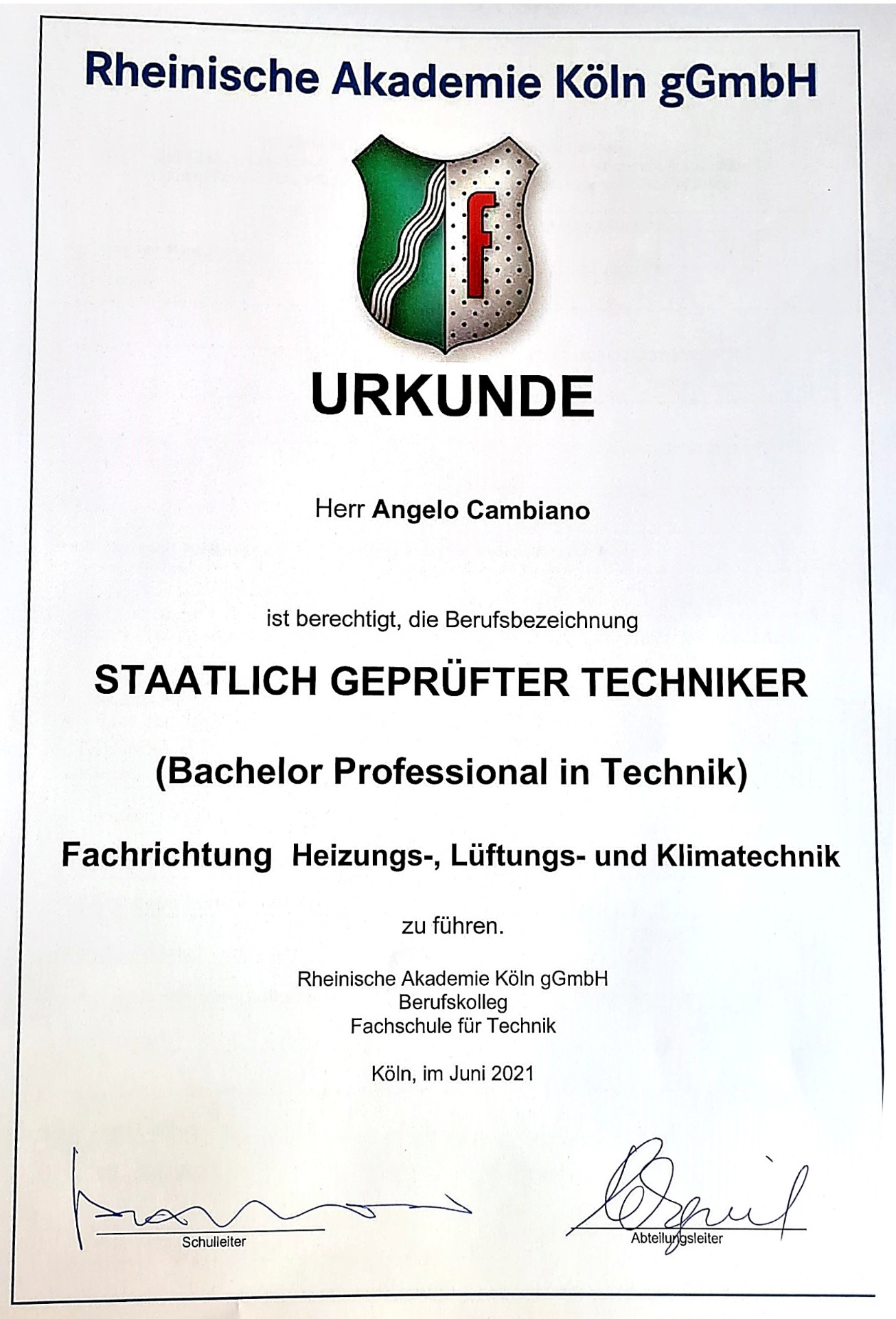 Urkunde – Staatlich geprüfter Techniker, Fachrichtung Heizungs-, Lüftungs- und Klimatechnik
