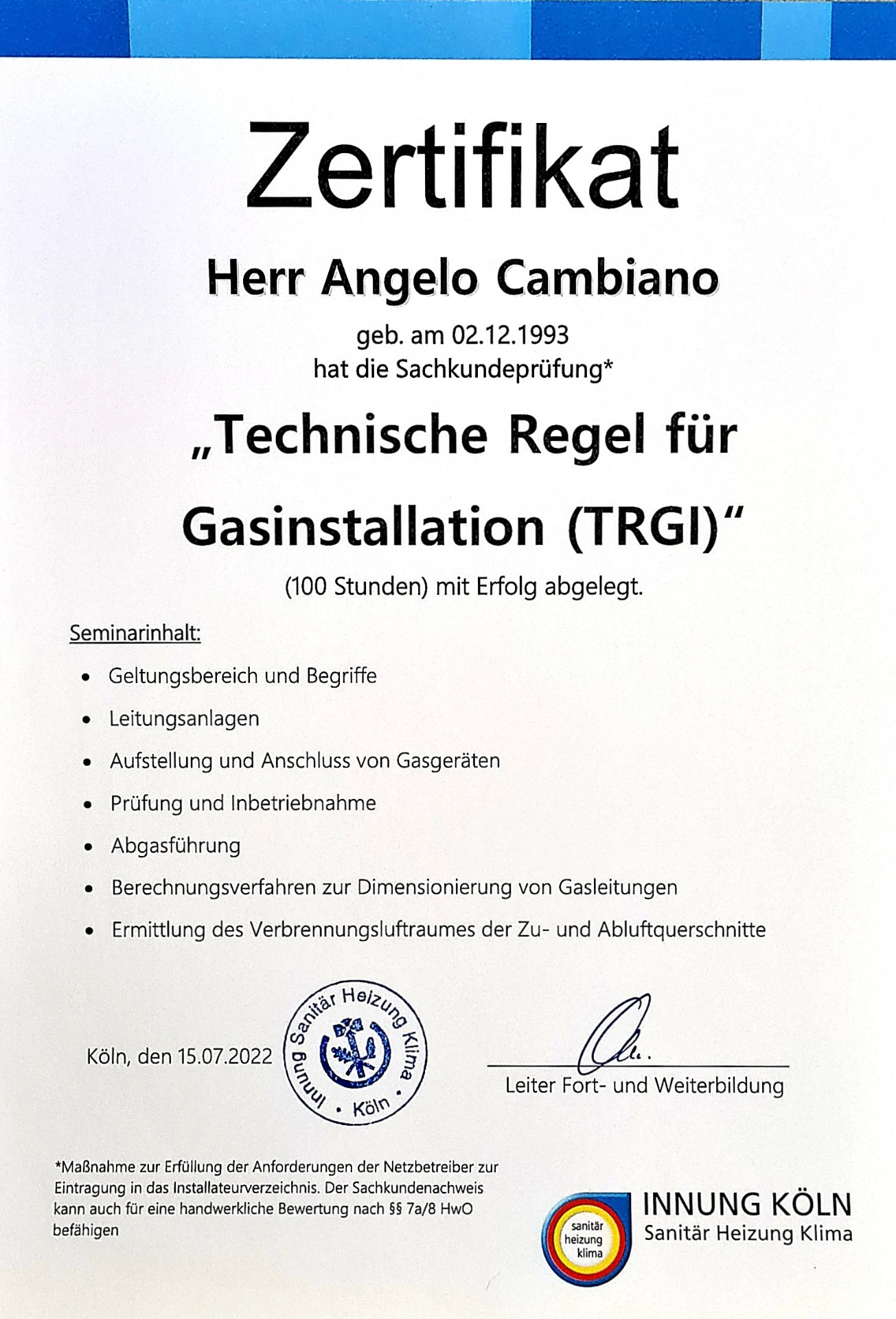 Zertifikat – Technische Regel für Gasinstallation (TRGI)