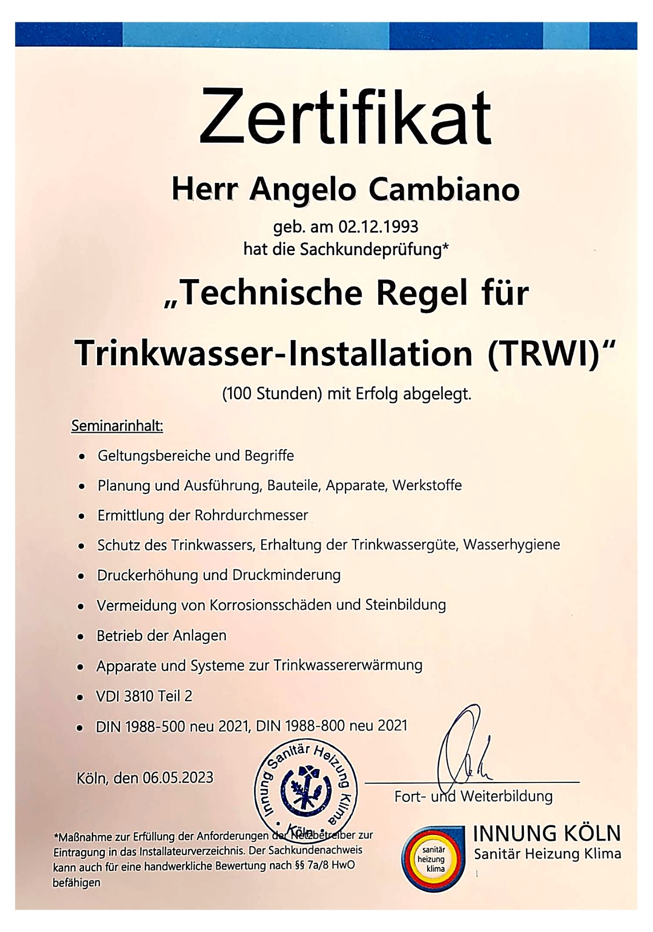 Zertifikat – Technische Regel für Trinkwasser-Installation (TRWI)